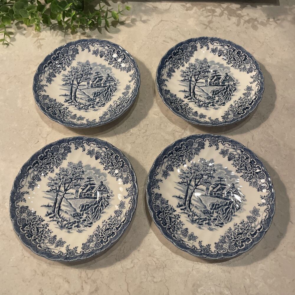 Churchill Discontinued pattern England The Brook Blue 4 Dessert/bread Plates 5.5